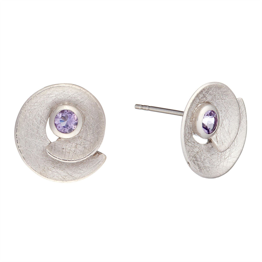 Sterling Silver Amethyst Round Spiral Shell Stud Earrings - Silverly