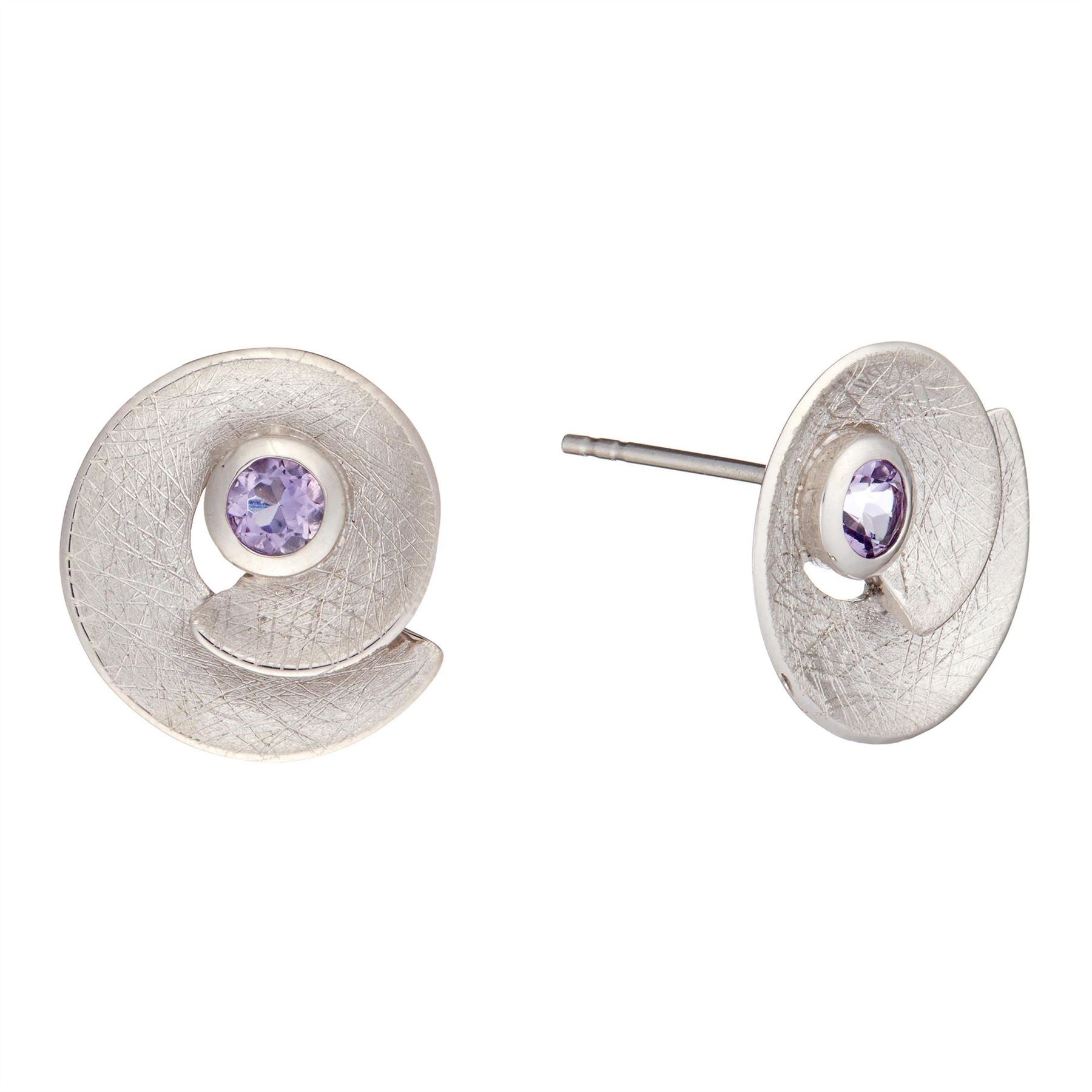 Sterling Amethyst Spiral Seashell Stud Earrings Brushed Finish Studs