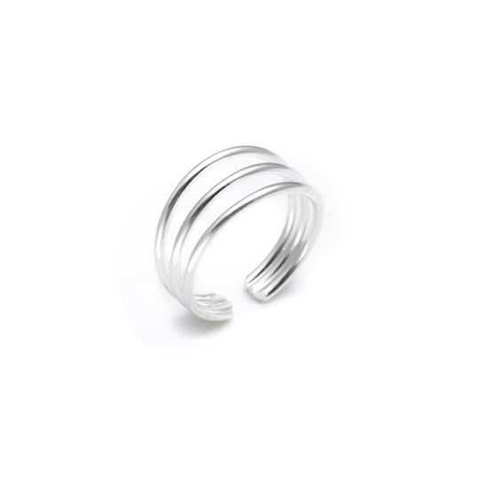 Sterling silver three-band toe ring displayed against a white background.