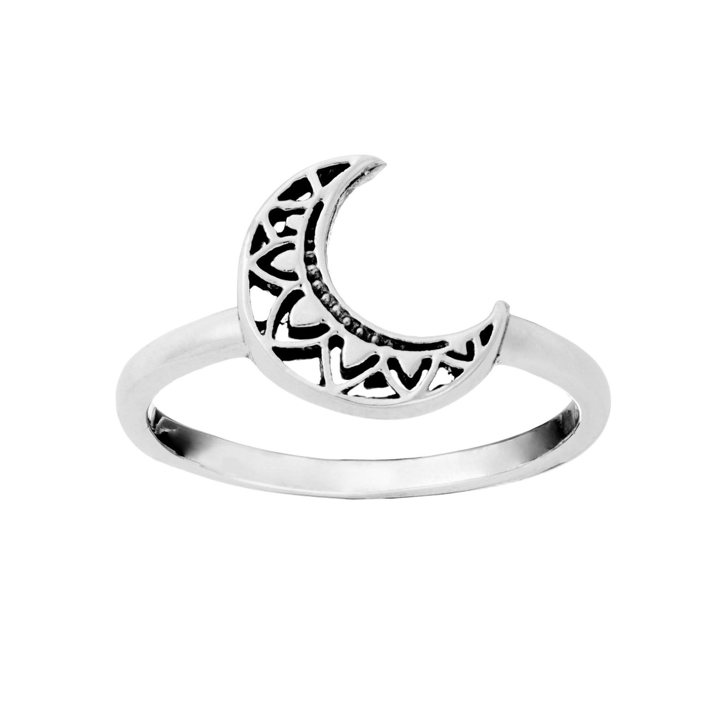Sterling Silver Crescent Moon & Lotus Ring Stackable Hollow-Out Design