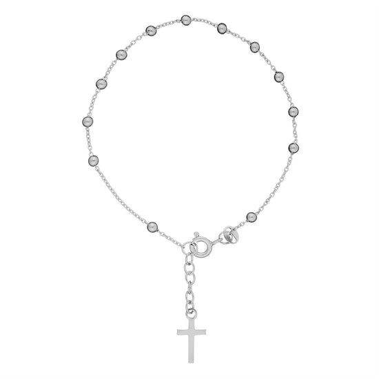 Sterling Silver Classic Rosary Cross Beaded Ball Cable Chain Bracelet