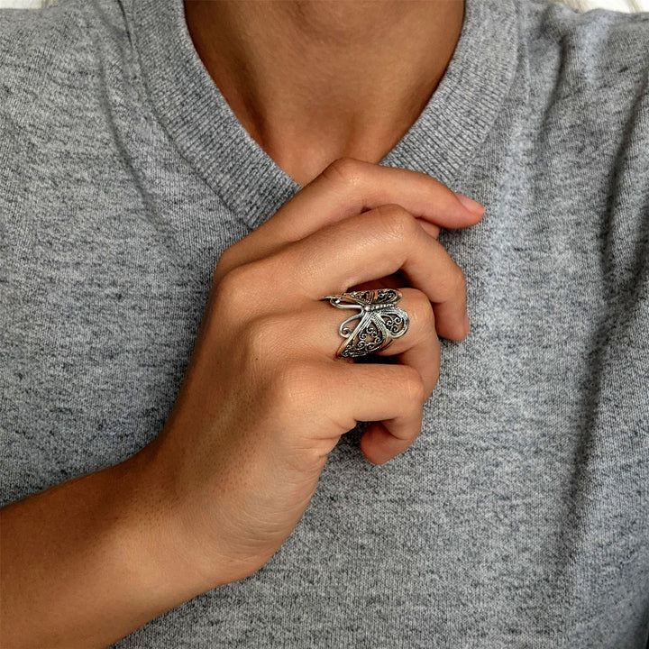 Side view of sterling silver filigree butterfly ring — 22.7mm wide statement piece for women
