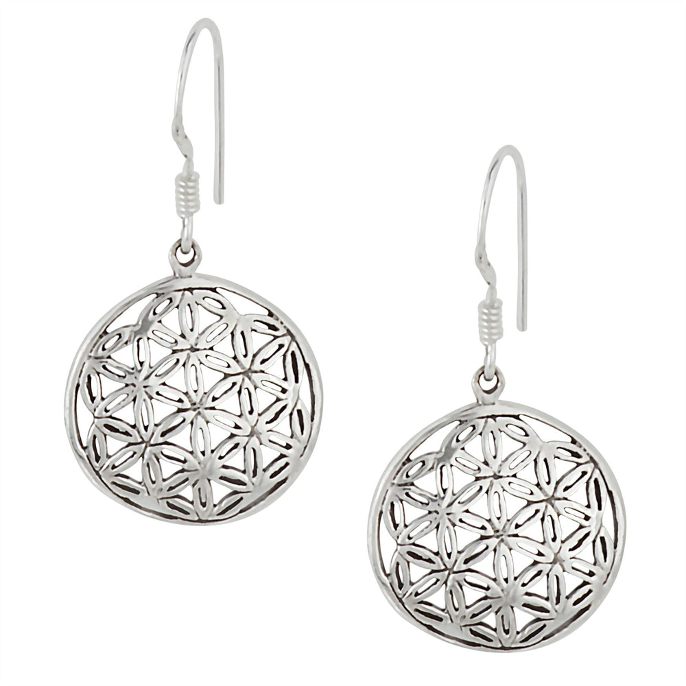 Sterling Silver Round Disc Flower Of Life Mandala Dangle Earrings