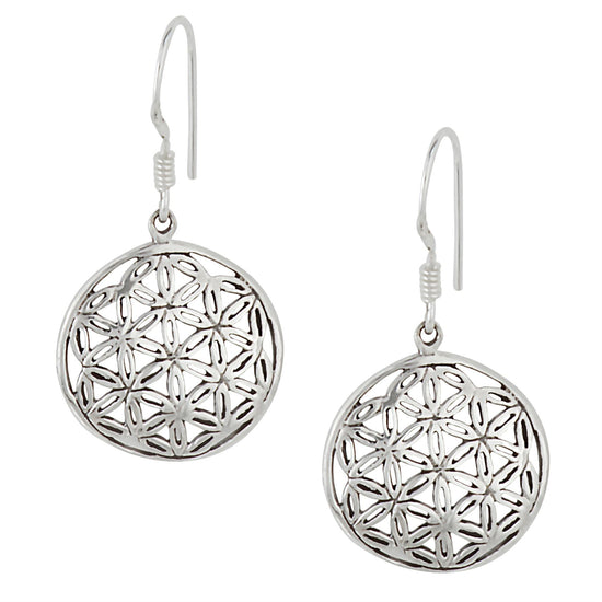 Sterling Silver Round Disc Flower Of Life Mandala Dangle Earrings