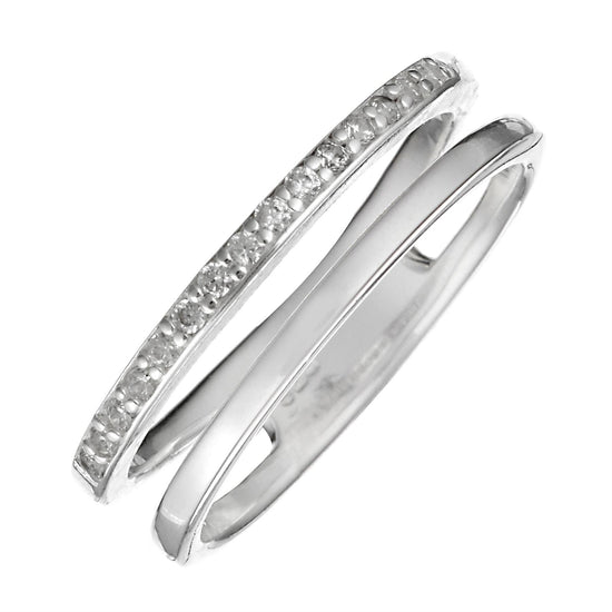 
                    
                      Close-up of 15 cubic zirconia stones on sterling silver double band ring — shared prong setting
                    
                  