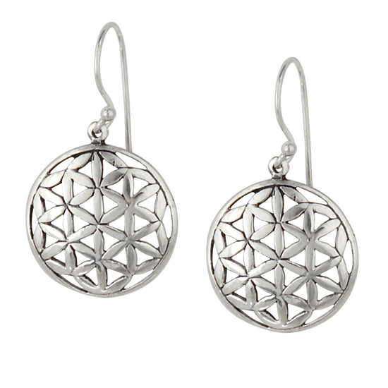 Sterling Silver Round Flower Of Life Dangle Earrings - Geometric Symbol