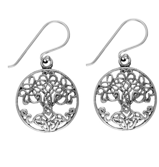 Sterling Silver Round Celtic Knot Tree of Life Dangle Earrings