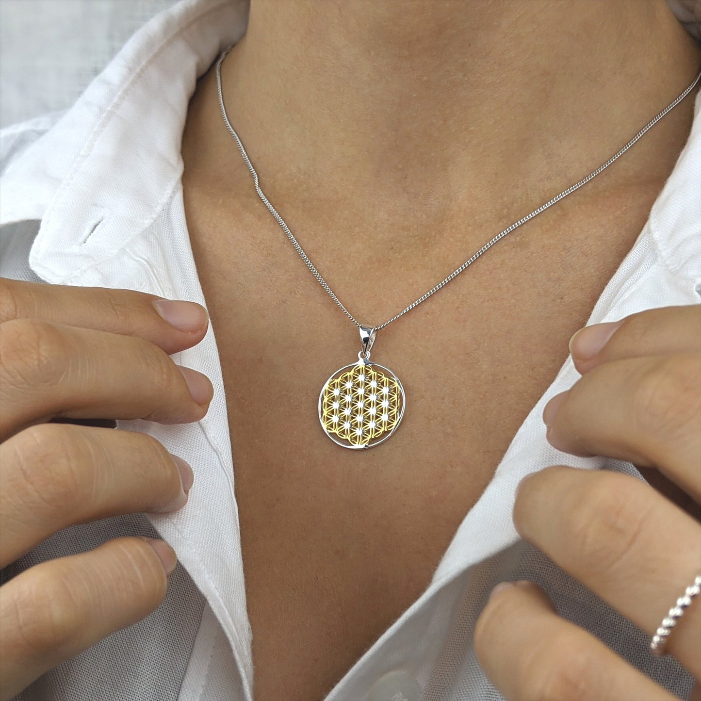 
                  
                    Gold Plated Sterling Silver Round Flower of Life Pendant Necklace
                  
                