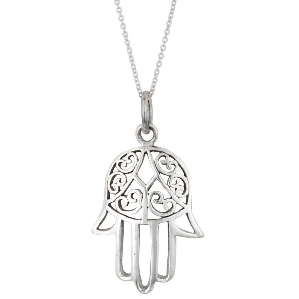 Sterling Silver Cut-Out Filigree Hamsa Fatima Hand Pendant Necklace