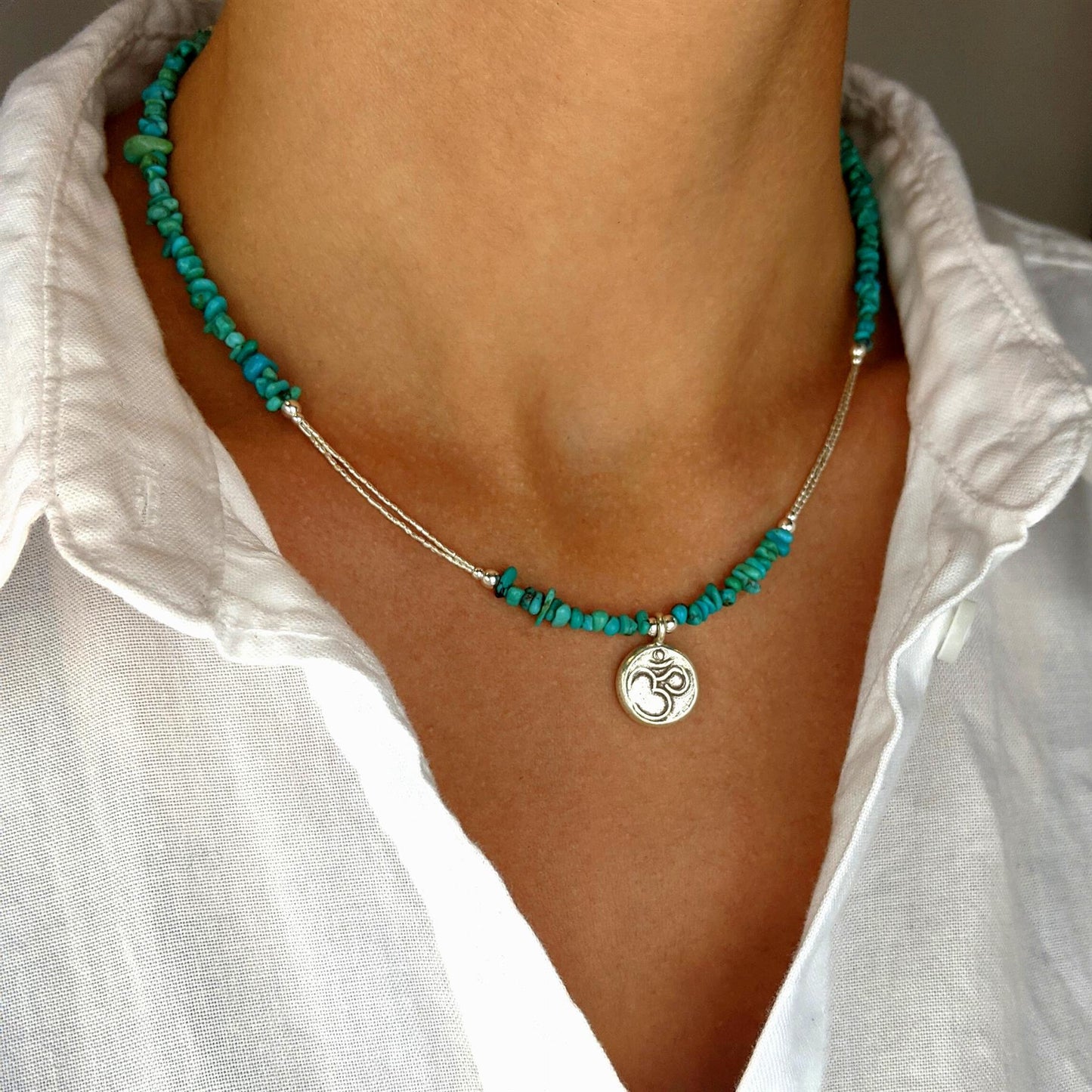 
                  
                    Sterling SIlver Turquoise Om Aum Bead Pendant Beaded Strand Necklace
                  
                