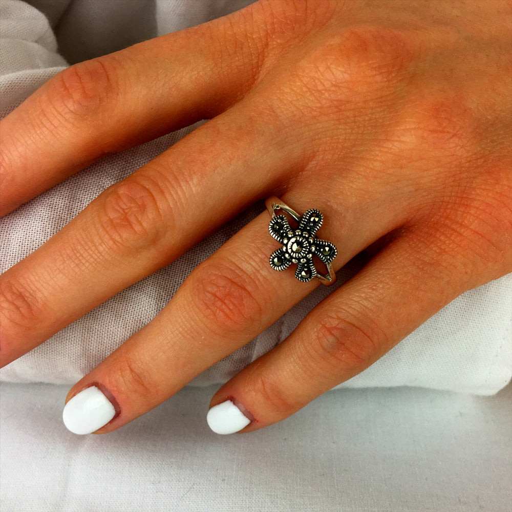 
                  
                    Sterling Silver Marcasite Daisy Flower Ring Cute Stackable Band
                  
                