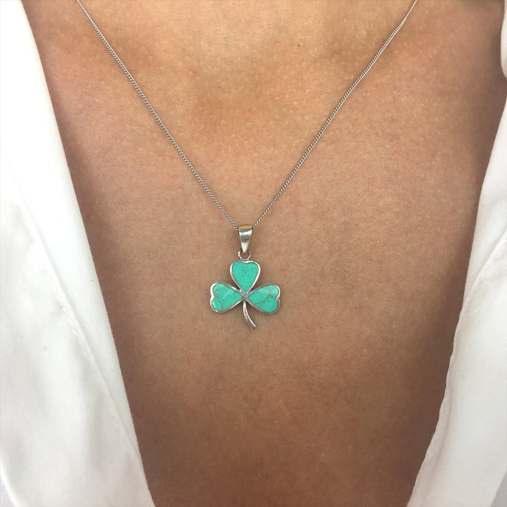 
                  
                    Sterling Silver Turquoise Three Leaf Clover Shamrock Pendant Necklace
                  
                