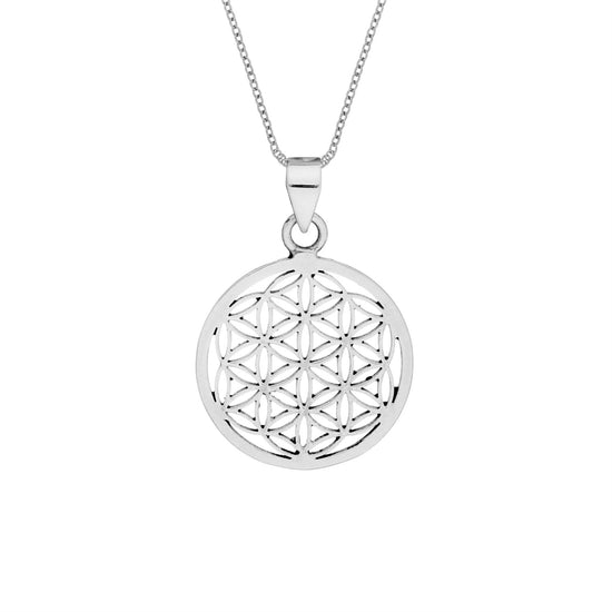 Sterling Silver Round Disc Cut-Out Flower of Life Pendant Necklace