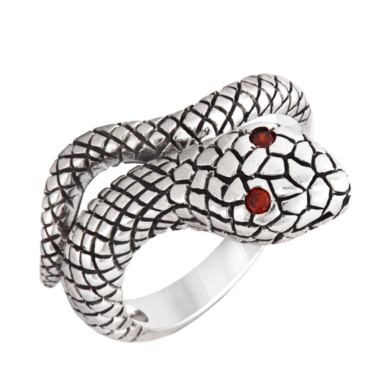 Sterling Silver Gothic Snake Wraparound Ring Red Eyed Serpent