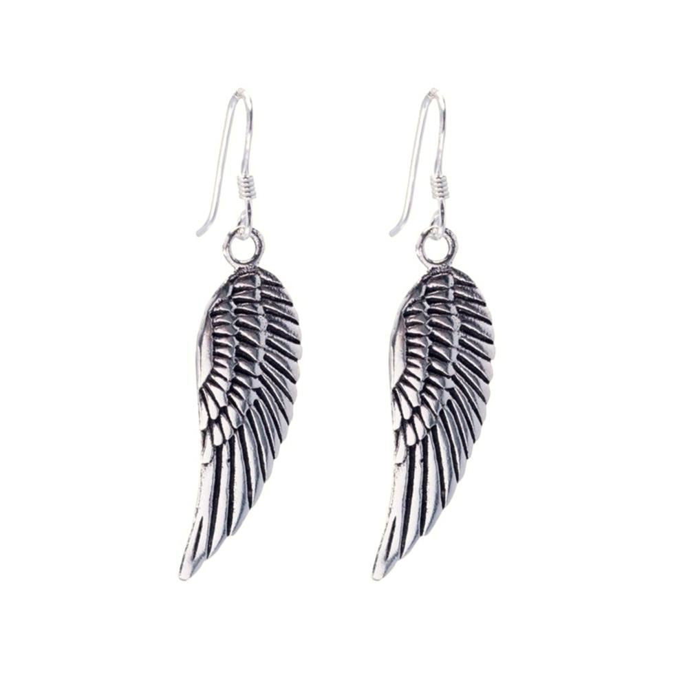 
                  
                    Sterling Silver Long Detailed Angel Wing Feather Earrings With Hooks
                  
                