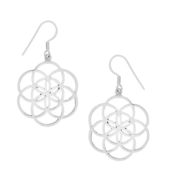 Sterling Silver Flower Shaped Seed of Life Dangle Earrings