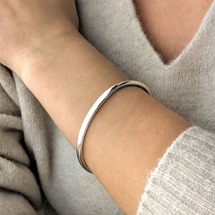 Sterling Silver Solid Identity Torque Adjustable Bangle - Silverly