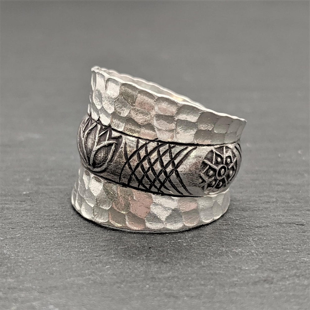 
                  
                    Karen Hill Tribe Silver Hammered Wide Boho Lotus Adjustable Ring
                  
                