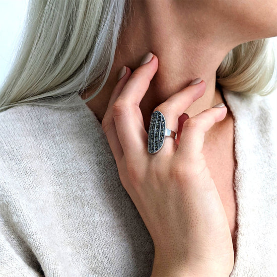 Sterling Silver Simulated Marcasite Oval Curved Ring - Silverly