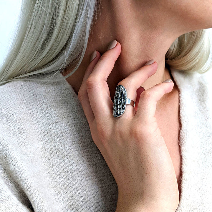 Sterling Silver Simulated Marcasite Oval Curved Ring - Silverly