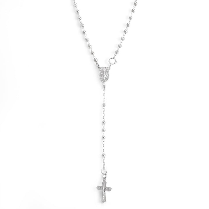 A sterling silver rosary necklace with a Virgin Mary charm and a crucifix pendant, featuring a beaded ball chain.
