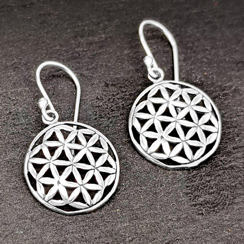 
                  
                    Sterling Silver Round Disc Flower Of Life Mandala Dangle Earrings
                  
                