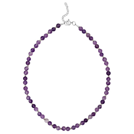 Sterling Silver Round Amethyst Beaded Purple Gemstone Strand Necklace