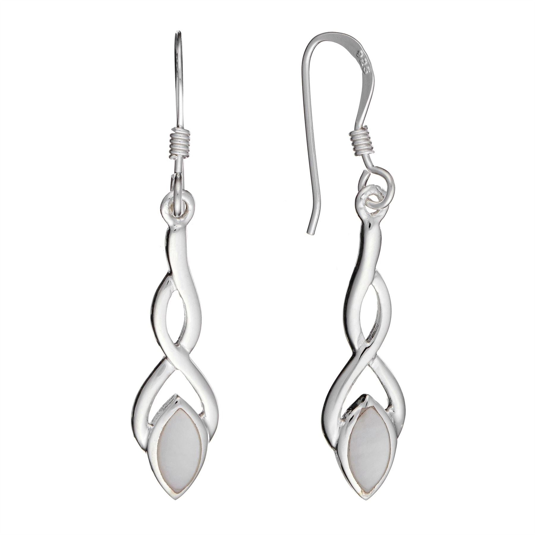 Sterling Mother Pearl Infinity Twist Drop Earrings Celtic Knot Teardrop Design