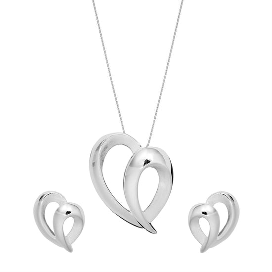 Sterling Silver Brushed & Polished Modern Scribble Heart Jewellery Set