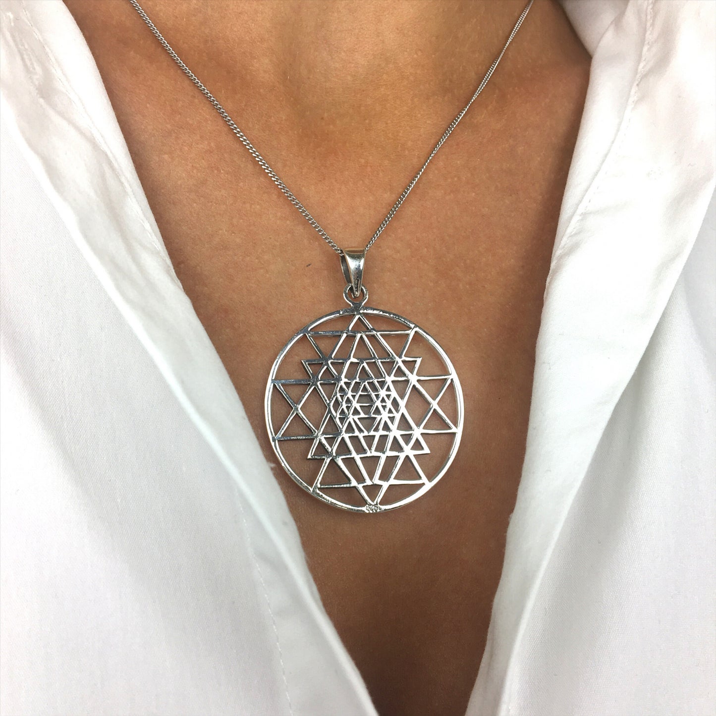 Large Round Cut-Out Sri Yantra Pendant Necklace, Sterling Silver