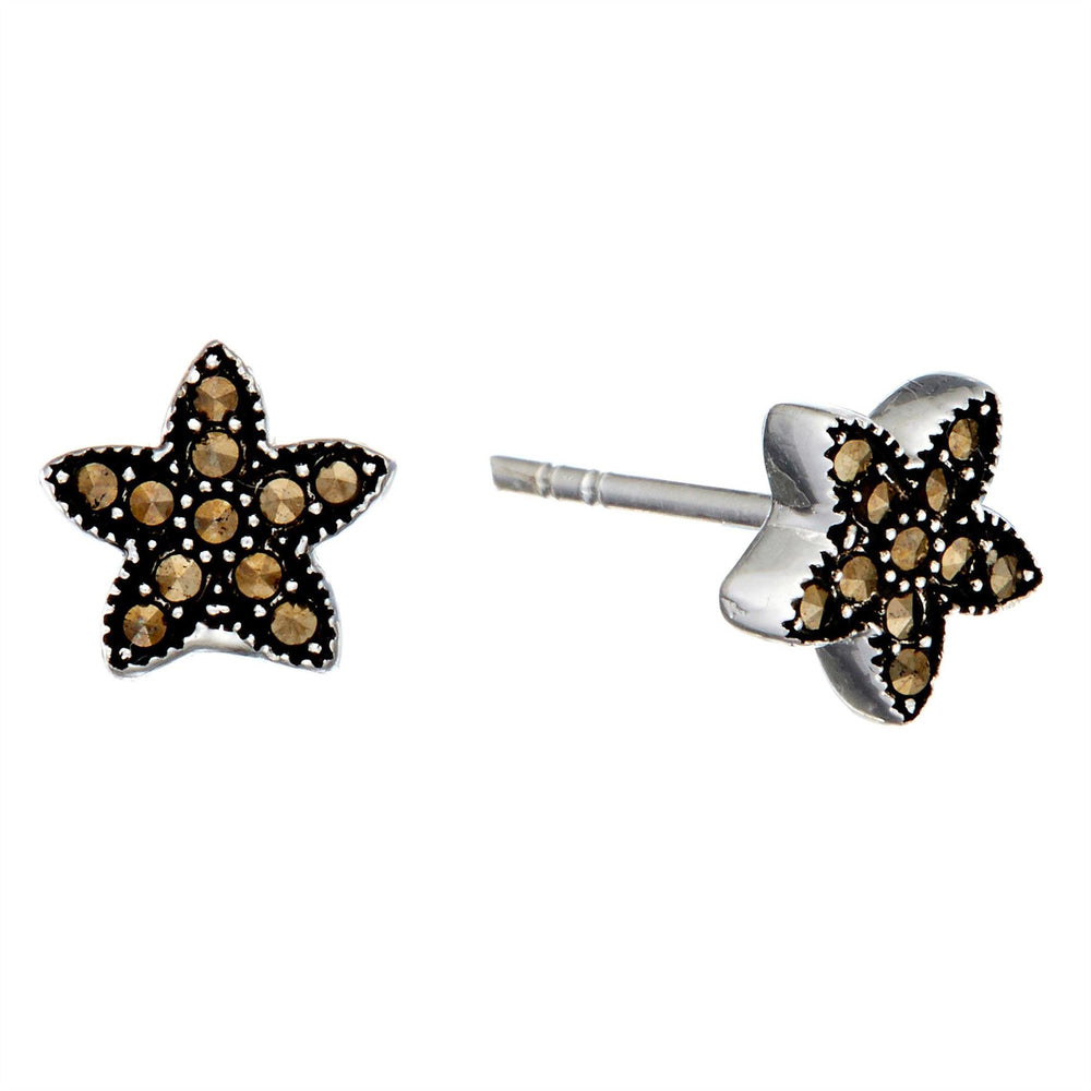 Sterling Silver Marcasite Flower Star Stud Earrings Small Studs