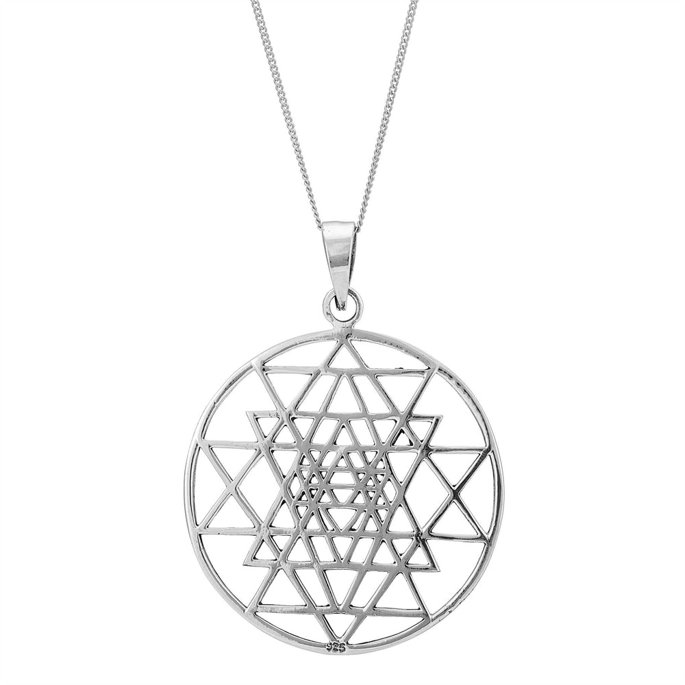 Sterling Silver Large Round Cut-Out Sri Yantra Symbol Pendant Necklace
