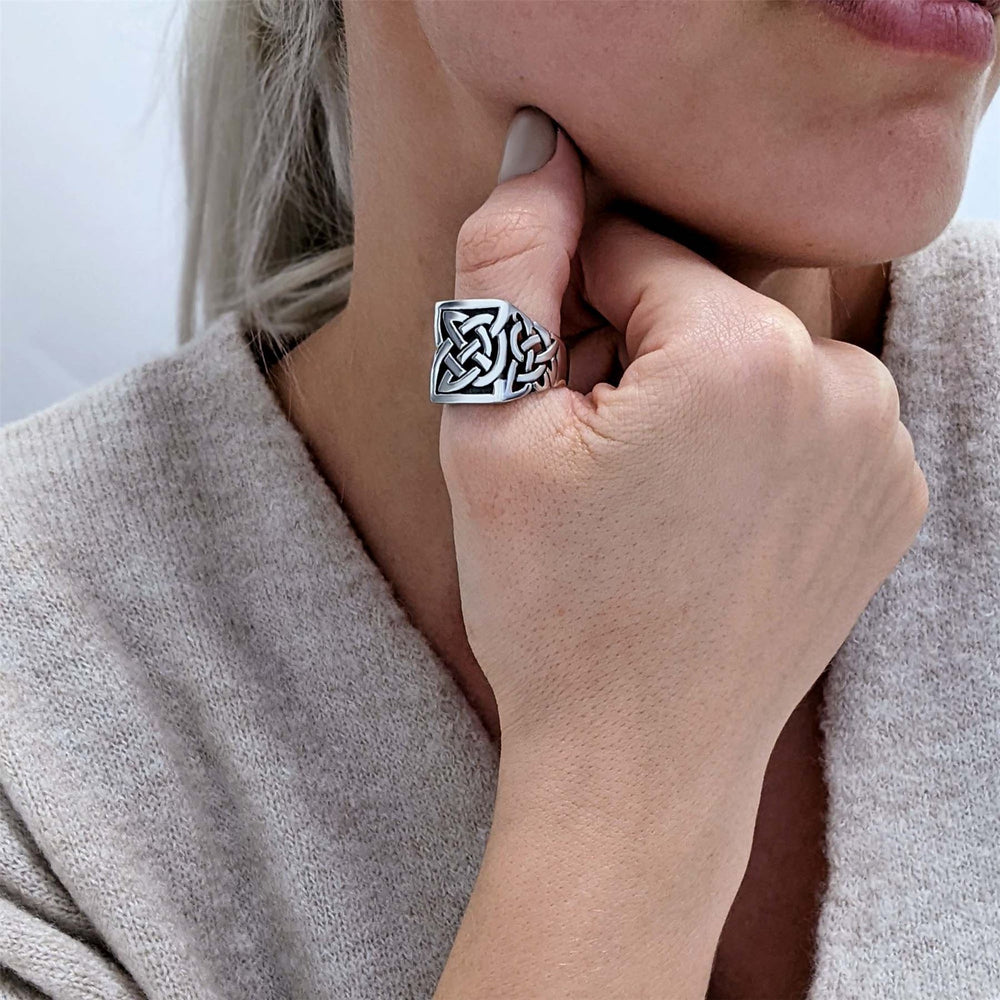 
                  
                    Sterling Silver Chunky Wide Square Signet Shield Celtic Knot Ring
                  
                