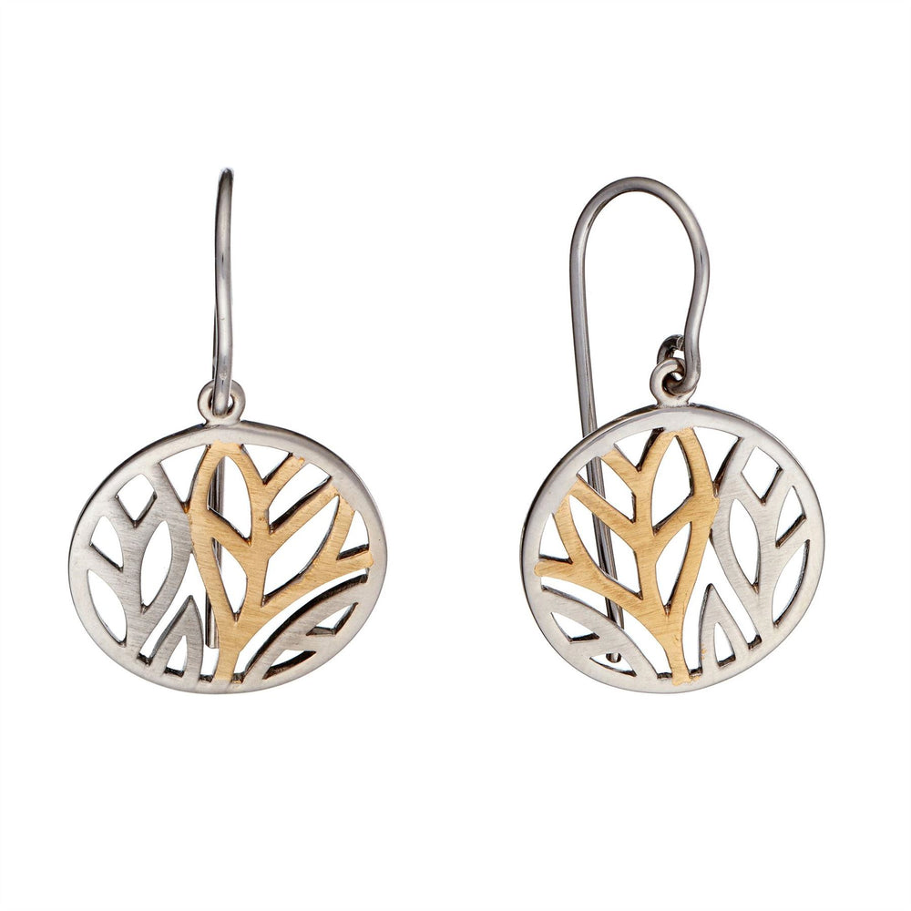 Gold Plated Sterling Silver Leaf Round Dangle Earrings - Silverly