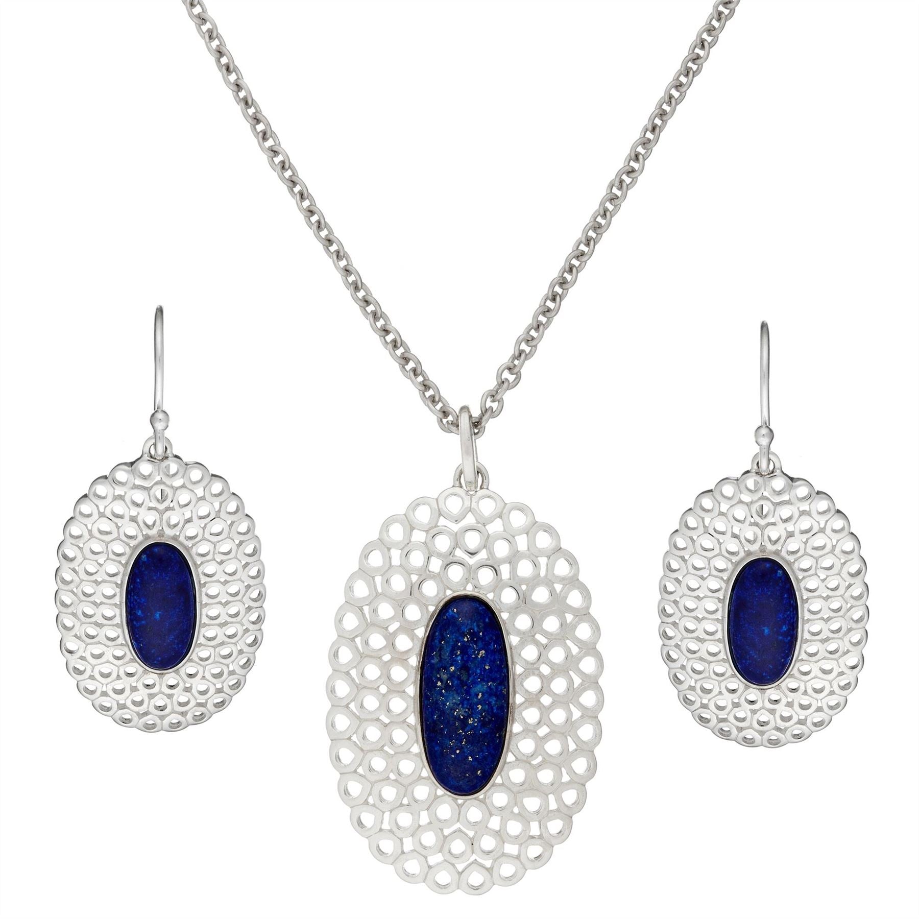 Sterling Lapis Lazuli Filigree Oval Jewellery Set Vintage Style