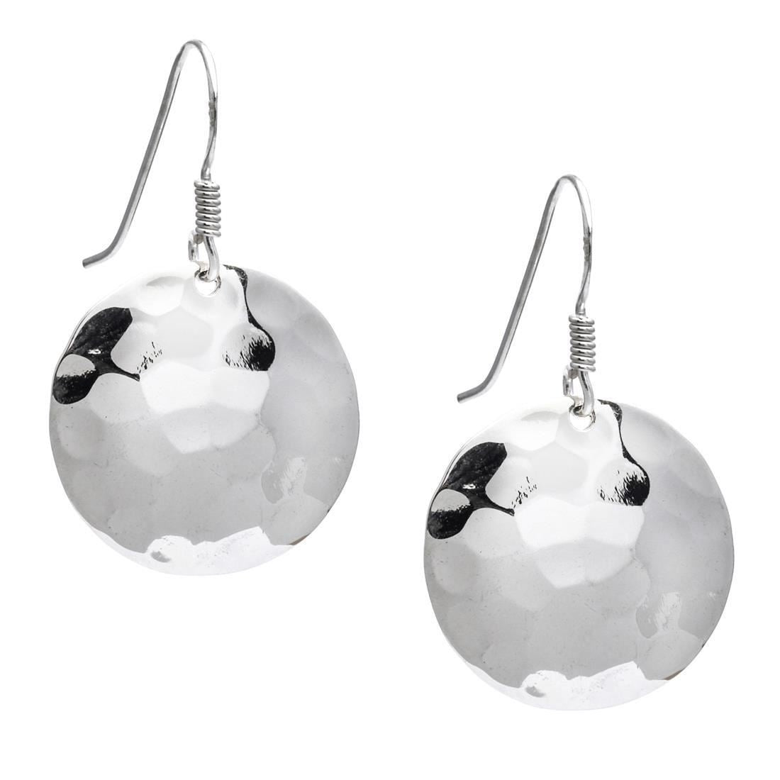 Sterling Hammered Disc Dangle Earrings Round Coin Design