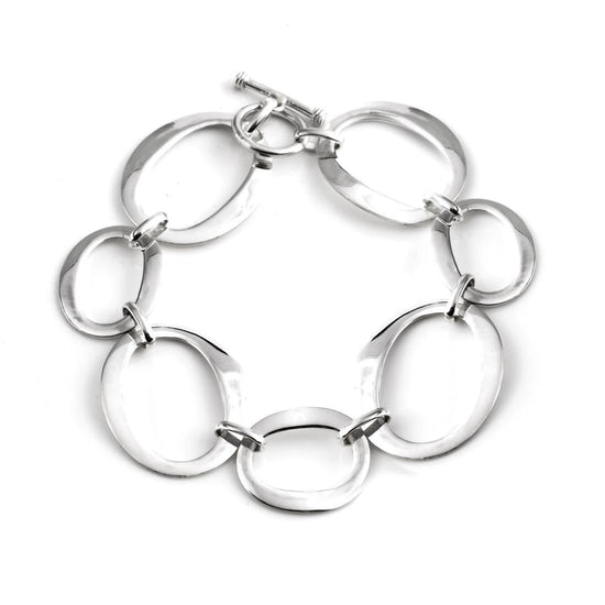 Sterling Silver Statement Open Circles Oval Link Bracelet Toggle Clasp