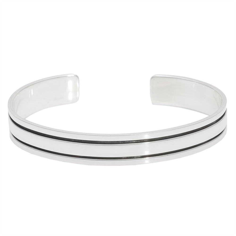 Sterling Silver Double Groove Black Line Wide Bangle Cuff Bracelet