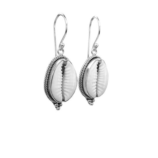 Sterling Silver Balinese Rope Framed Cowrie Shell Drop Earrings