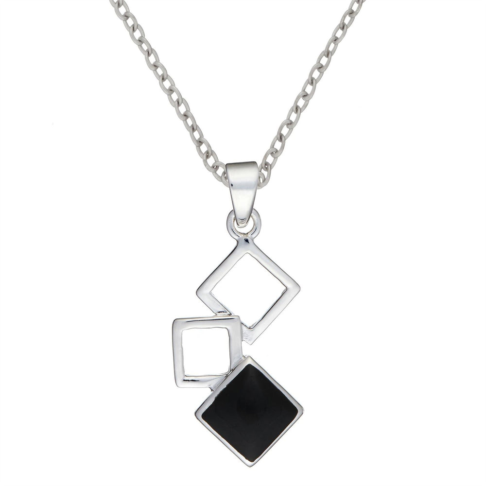 Sterling Silver Onyx Chain Necklace Geometric Square Drop Pendant