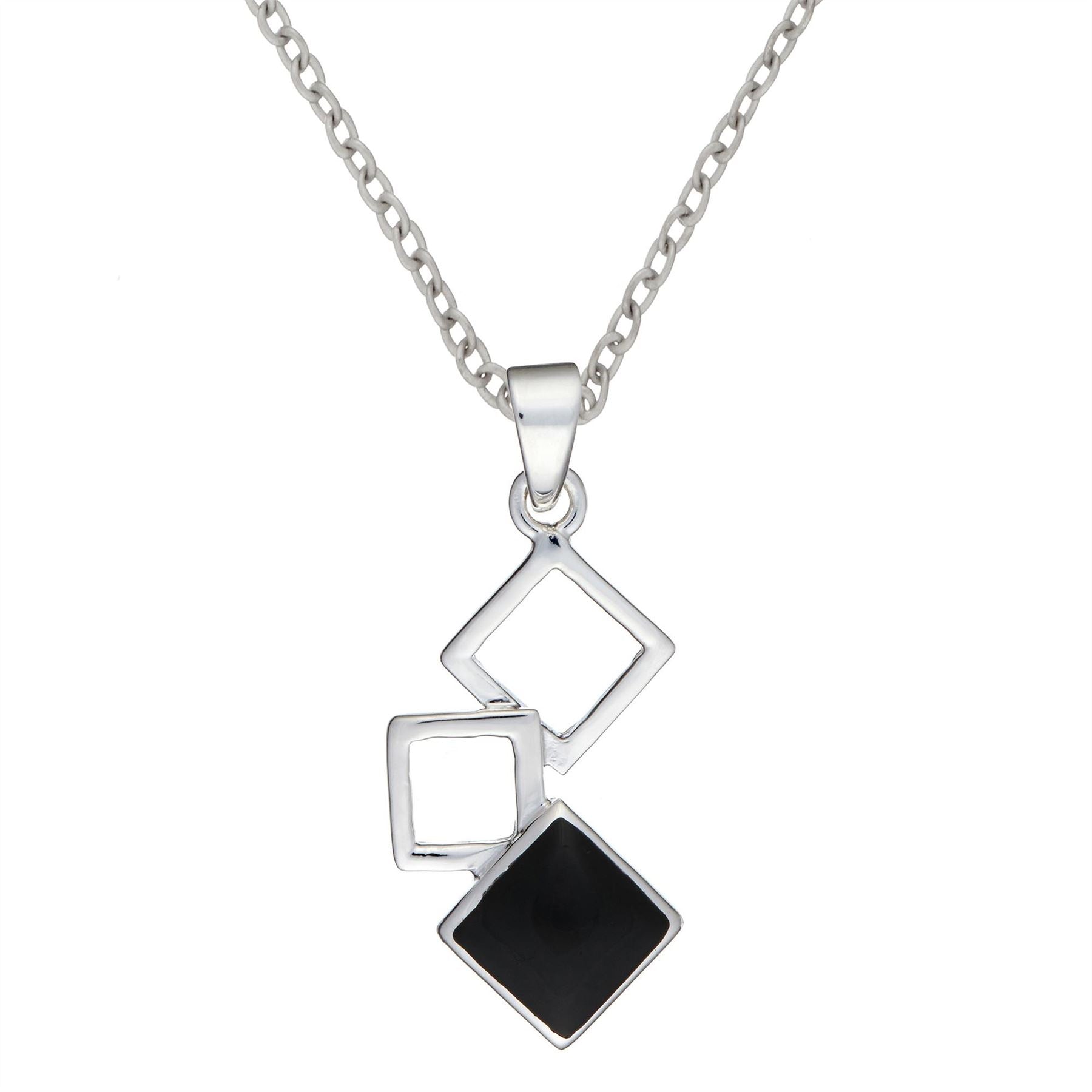 Sterling Onyx Chain Necklace Geometric Square Drop Pendant