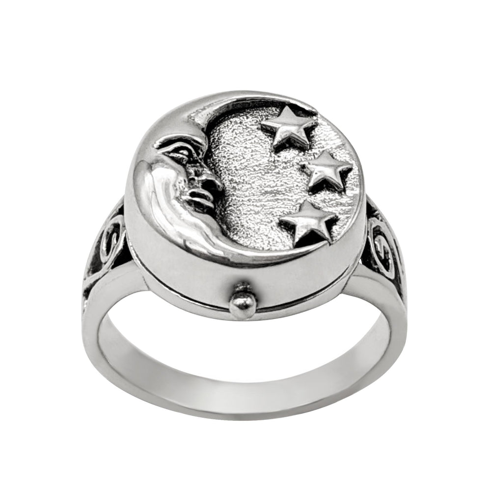 Sterling Silver Wiccan Gothic Moon & Stars Locket Signet Ring