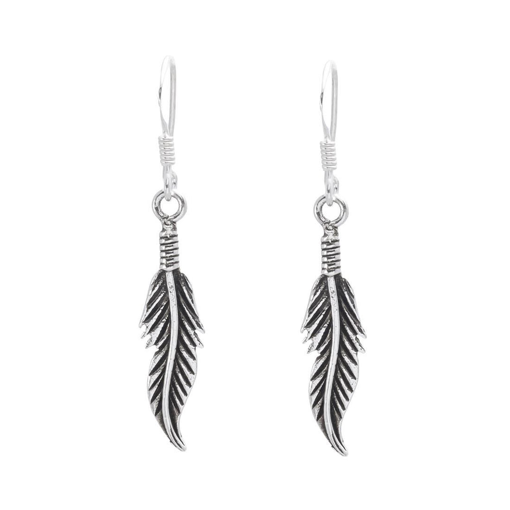 Sterling Silver Oxidised Small Feather Leaf Dangle Drop Earrings