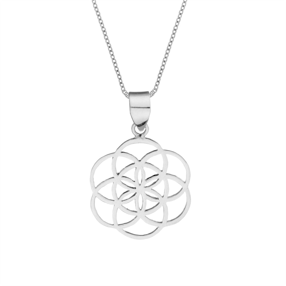 Sterling Silver Flower Seed of Life Pendant Curb Chain Necklace