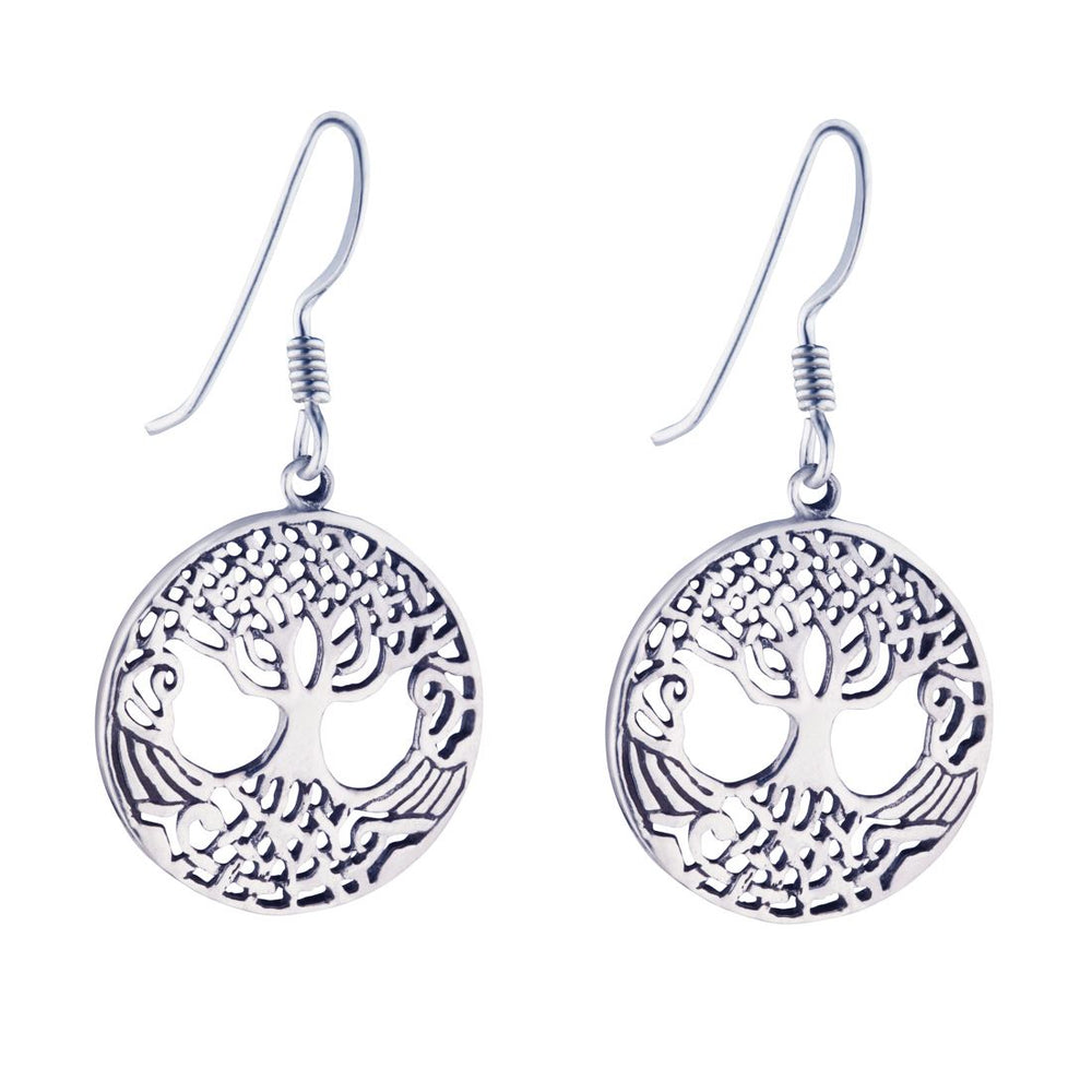 Sterling Silver Round Tree Of Life Dangle Earrings 20 mm With Hooks