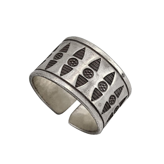 Hill Tribe Silver Wide Band Flower Tribal Pattern Adjustable Ring