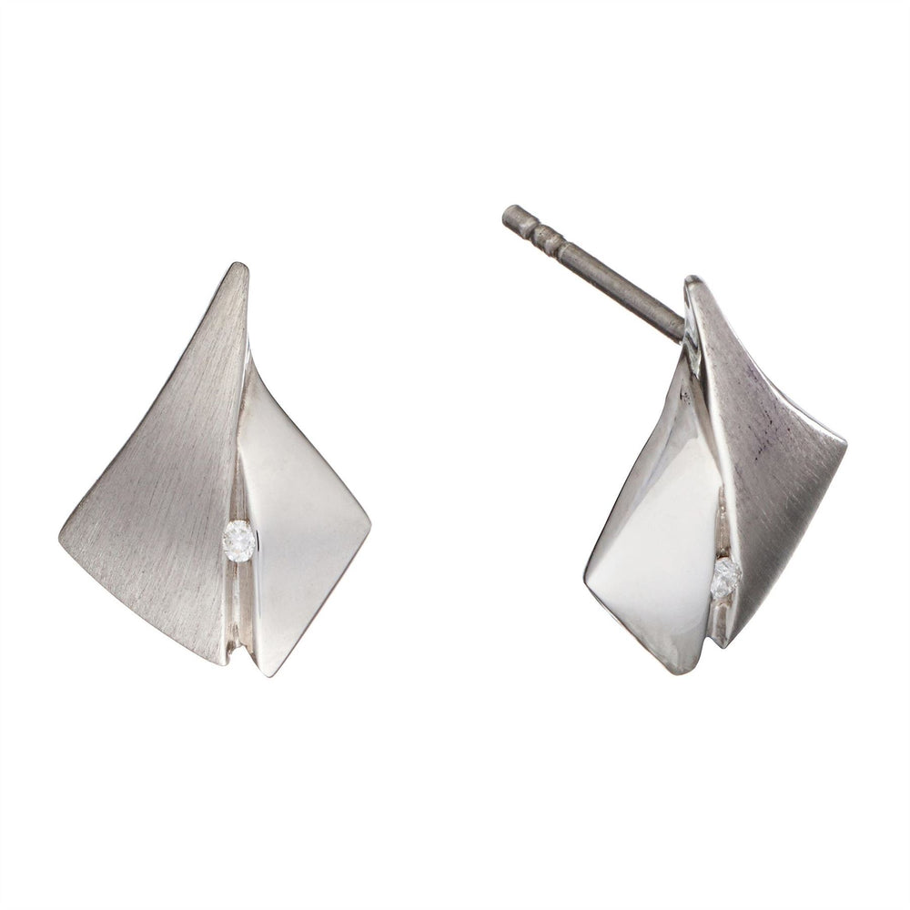 Sterling Silver Brushed Origami Kite Art Deco Diamond Stud Earrings