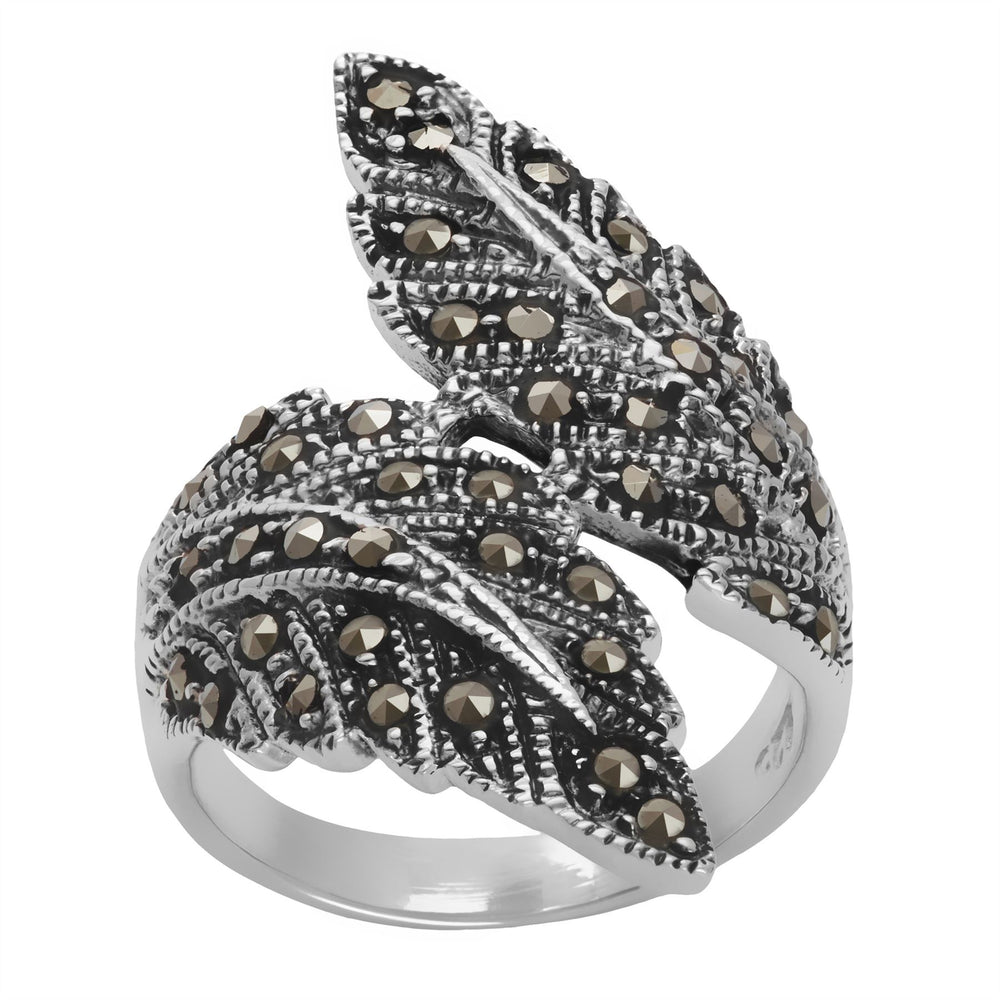 Sterling Silver Simulated Marcasite Feather Ring - Silverly