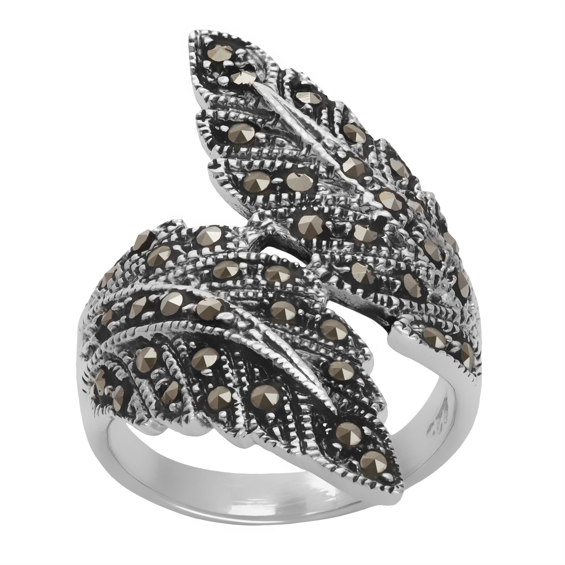 Sterling Marcasite Art Nouveau Feather Wraparound Ring 1920s Design
