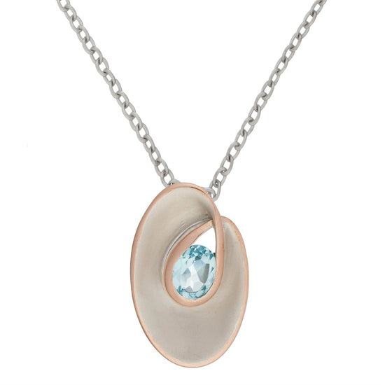 Rose Gold Plated Sterling Silver Blue Topaz Oval Pendant Necklace